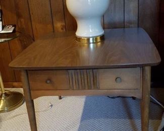 Vintage mid-century modern pair of Bassett walnut side tables & coffee table