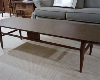 Vintage mid-century modern pair of Bassett walnut side tables & coffee table