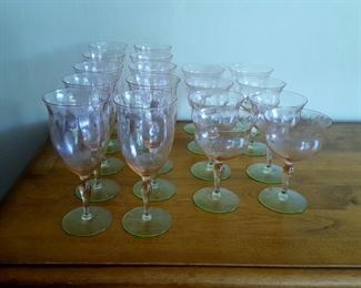 Pink and Green Depression Glass - Watermelon Glass Stemware -Wine Glasses & Stem Goblets