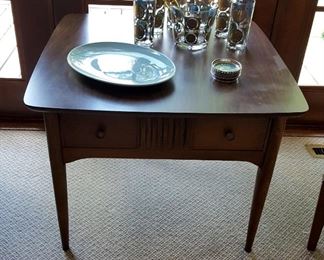 Vintage mid-century modern pair of Bassett walnut side tables & coffee table