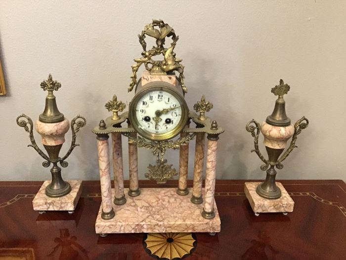 Antique marble clock and side ornaments.