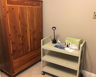 Cedar robe and metal cart.