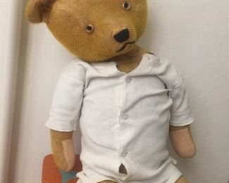 Antique teddy bear. Just one of many available at the sale! This one is huge... almost 32 inches tall. Wearing antique Jammies. $350