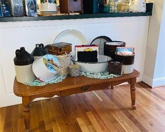 Hard Rock Maple Coffee Table, Collection of crocks & enamelware 