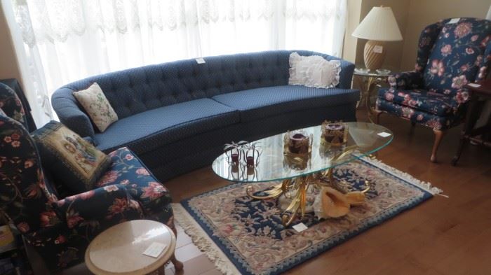 Blue Couch, Pair of Wing Back Chairs, Glass & Brass Coffee  & End Table, 