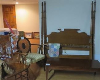 Full Maple Bed, Oak Chair, side Chair, Metal Floor Lamp