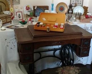 Antique Sewing Machine with Needlepoint Bench (has been modified for a newer Sewing Machine, included)