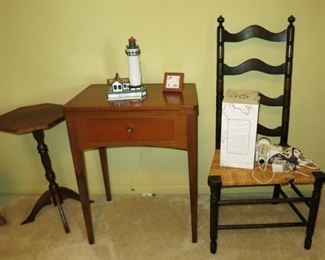 Small table, sewing machine, ladder back chair w/ rush seat