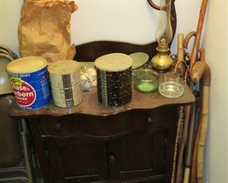 Walking stick & cane collection, Antique commode w/ towel bar and marble top
