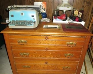 Antique 3 drawer chest, vintage typewriter, vintage lamp, etc
