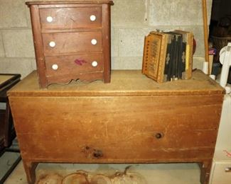Primitive pine blanket chest, miniature 3 drawer chest (child's toy or salesman sample)