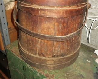 Primitive cupboard, handled wooden shaker box