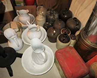 Pitchers & bowls, antique stoneware jugs, misc. tins