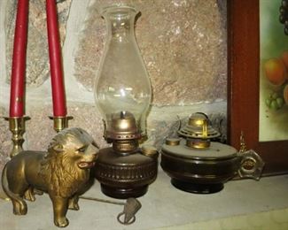 Cast lion bank, kerosene lamps