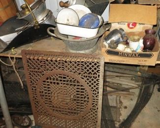 Vintage kitchen enamelware, etc. metal grate (all waiting to be cleaned)