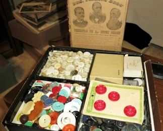 Vintage buttons, antique paper & wooden boxes