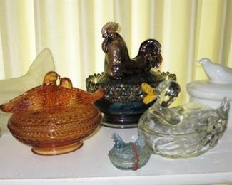 Antique & vintage hen on nest collection (also includes other animals on nests), includes Carnival glass .  Some of these items have been sold.