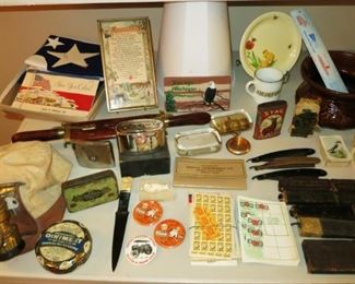 Advertising collectibles including Chelsea, MI bank, straight edge razors, Manchester print, vintage tins, coal miner's cap, scrimshaw carved  elephant letter opener & walrus, child's plate & ABC mug, spittoon, etc.