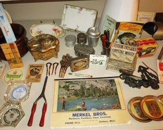 Small collectibles, Manchester, MI ashtray, Merkel Bros. 1950 calendar, vintage jewelry boxes, hair pins, paper collectibles, beer tin coasters