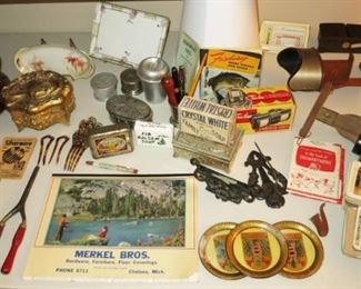 Small collectibles, Manchester, MI ashtray, Merkel Bros. 1950 calendar, vintage jewelry boxes, hair pins, paper collectibles, beer tin coasters, stereo optic viewers w/ stereo cards
