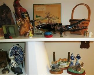 Carved alligator, advertising deer picture, Longeberger basket (one of 4), porcelain figurines, etc.