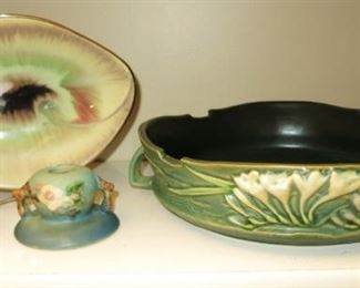 Roseville candle holders and large bowl, mid-century bowl, stoneware bowl