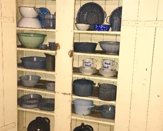 Primitive cupboard and vintage enamel 