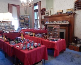 OVERVIEW OF TOY ROOM WITH DIE CAST MODEL CARS BY AUTO ART, MINICHAMPS, PAYA, CORGI & CORGI CLASSICS, WINROSS, SPARK, RIVAROSSI, DANBURY MINT, FRANKLIN MINT AND OTHERS. MODEL TRAINS  BY ROCO, FLEISCHMANN, LILIPUT, ELECTROTRON, BACHMANN & MAGNOS.  MODEL CAR KITS BY RENWAL, MONOGRAM, PYRO, AMT & MORE, OTHER DIE CAST TOYS TOO NUMEROUS TO MENTION.