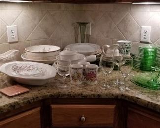 nice kitchen serving items including elegant depression glass dessert set - unusual pattern
