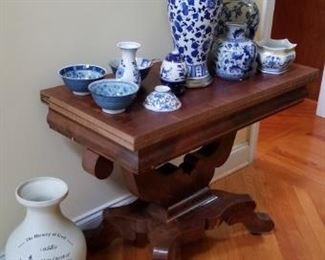nice collection of blue and white including antique flow blue pitcher with 1880s game table