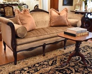 Beautiful antique mahogany sofa recently upholstered in a velvet-like damask