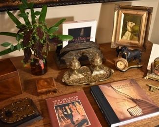 Antique desk accessories and more - Art Nouveau letter holder, brass letter holder, brass inkwell. Also an antique tea caddy and N.O. books