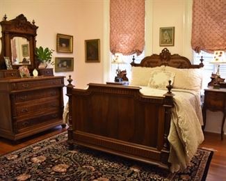 Henry II walnut full size bed (bedding included) and French walnut dresser with rouge marble top