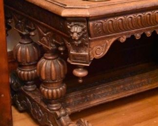 Very handsome antique French carved oak library table with large single drawer 