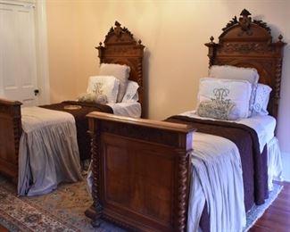 Fabulous pair of antique French walnut twin bed - custom bedding included 