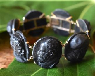 Incredible fine antique Victorian 14K intaglio gutta percha bracelet, each of an old master artist