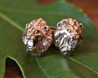 14K and diamond lions head cufflinks