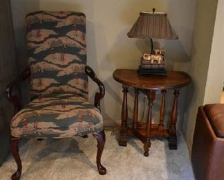 ACCENT CHAIR, DROP LEAF ACCENT TABLE, ELEPHANT LAMP