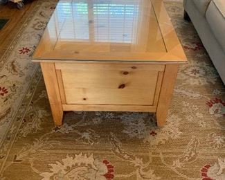 Farmhouse pine coffee table with custom glass protective top (removable)
