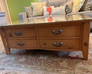 Farmhouse pine coffee table with custom glass protective top (removable)