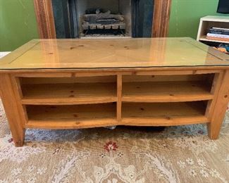 Farmhouse pine coffee table with custom glass protective top (removable)