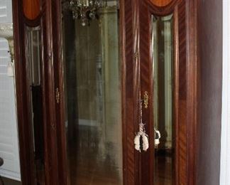 Antique Victorian Era 3-Shelf Linen Press/Armoire with 3 Bevel Mirror Doors.  (84”H x 53”W x 17”D)