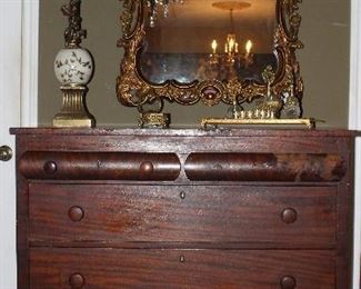 Antique American Empire Mahogany Chest.  Also shown is Bronze Gilt Ornate Mirror and a Cherub Table Lamp