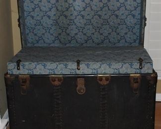 Open View: Antique Large Black Steamer Trunk with Brass fitting and complete interior (36”W x 20”H x 21”D)