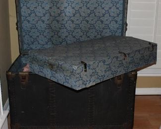 Open View: Antique Large Black Steamer Trunk with Brass fitting and complete interior   (36”W x 20”H x  21”D)