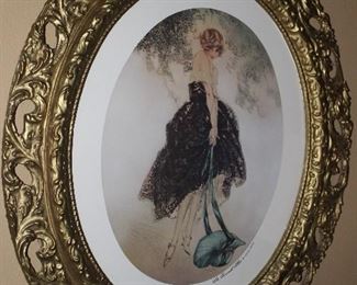 Antique Gold Gilt Oval Framed Louis Icart “Le Bonnet Blue” Print (22.5”W x 26”H)