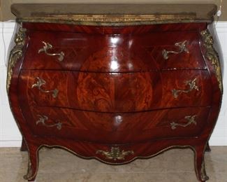 Inlaid Bombay Green Marble Top 3-Drawer Ornate Chest With Ormolu Mounts (48”W x 36”H x 21”D)