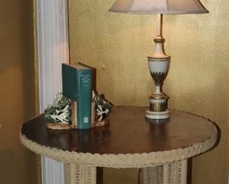 Antique Oak Top Wicker Table with Lower Shelf (36”W x 31”H)