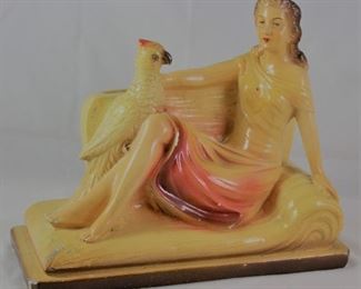 Vintage Signed Chalk-Ware Figurine: Lady on Sofa with Parrot (10”W x 8.5”H x 4”D)