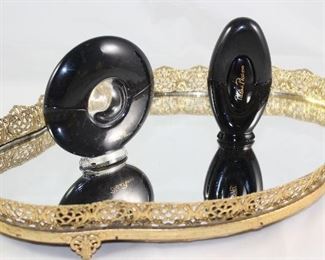 Vintage Stylebuilt Gold Plated Filigree Oval Footed Mirror Dresser Tray (16” x 11”). Shown with Paloma Picasso Perfume Bottles